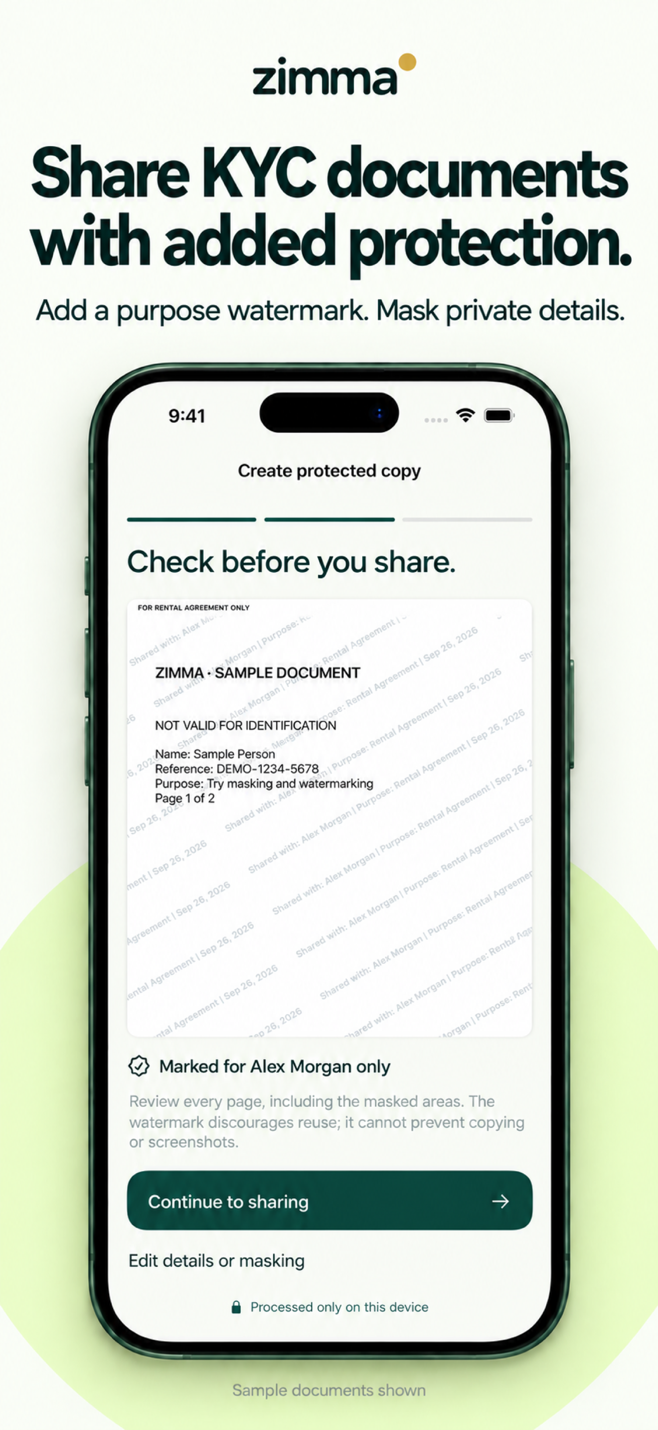 Zimma: Share KYC documents with added protection. Add a purpose watermark and mask private details.
